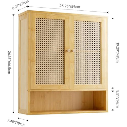 vovala Bathroom Wall Cabinet, Bamboo Over-The-Toilet Storage Organizer with 2 Rattan Doors and Adjustable Shelf, Space Saver Medicine Cabinet for Laundry, Kitchen, Living Room (Natural)