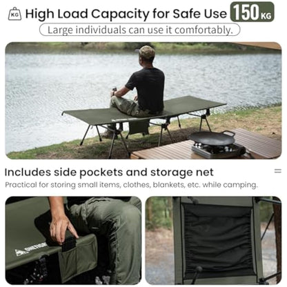 OneTigris SUPRANUBIS Camping Cot, Height Adjustable with Cot Leg Extenders, Strong Support 330lbs, Portable Folding Bed for Camping, Hiking, Travel, Truck, Beach, Office Nap (Ranger Green)