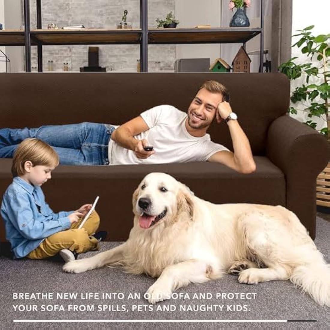 XINEAGE High Stretch Sofa Covers 3 Seater Latest Jacquard 1 Piece Sofa Slipcovers Living Room Universal Couch Covers for Dogs Pet Non Slip Sofa Furniture Protector Washable (3 Seater, Coffee)