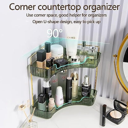 Baoswi 2-Tier Green Corner Makeup & Skincare Organiser, Perfume & Dressing Table Organiser, Triangle Corner Storage