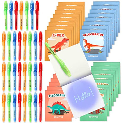 BONNYCO Invisible Ink Pen and Notebook, Pack 32 Dinos Party Bags Filler & Pinata Toys | Dinos Birthday Decorations | Stocking Fillers for Kids Birthday | School Prizes & Gifts for Children
