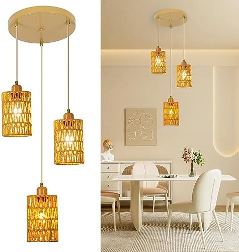 FORCOSO Pendant Lights Rattan 3 Lights, Boho Lamp Hanging Ceiling Light Natural Rattan Lampshade Cord Adjustable 152cm, E27 Vintage Kitchen Light Fitting, Rustic Lamp Fixtures Dining Living Room