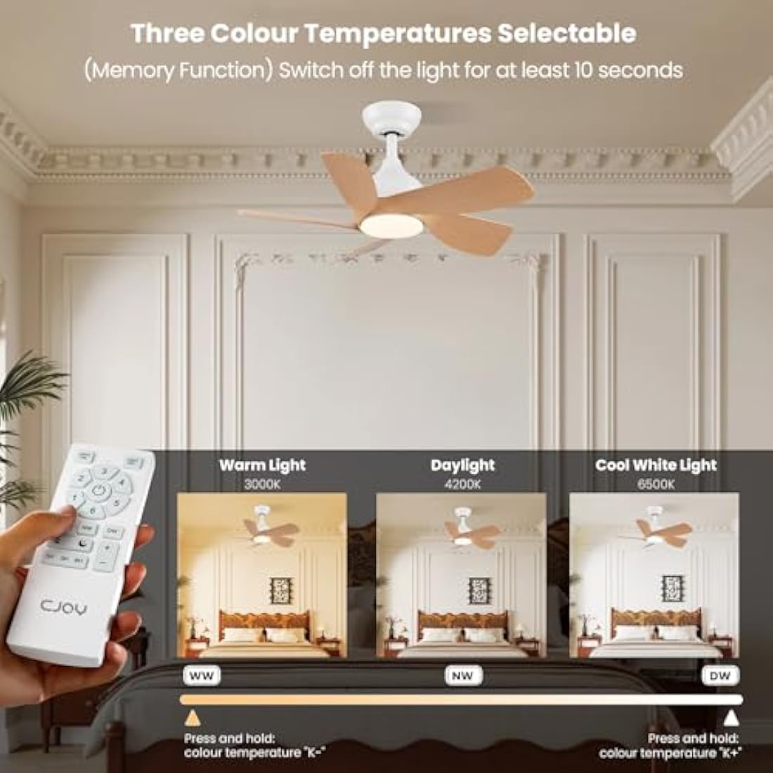 CJOY 30 inch Ceiling Fan Light, Woodgrain Ceiling Fans with Lights Dimmable, Memory 3CCT, 6 Speeds, Quiet, Reversible DC 5 Blades, Fan Lights Ceiling for Bedroom/Kids Room/Corridor/Aisle