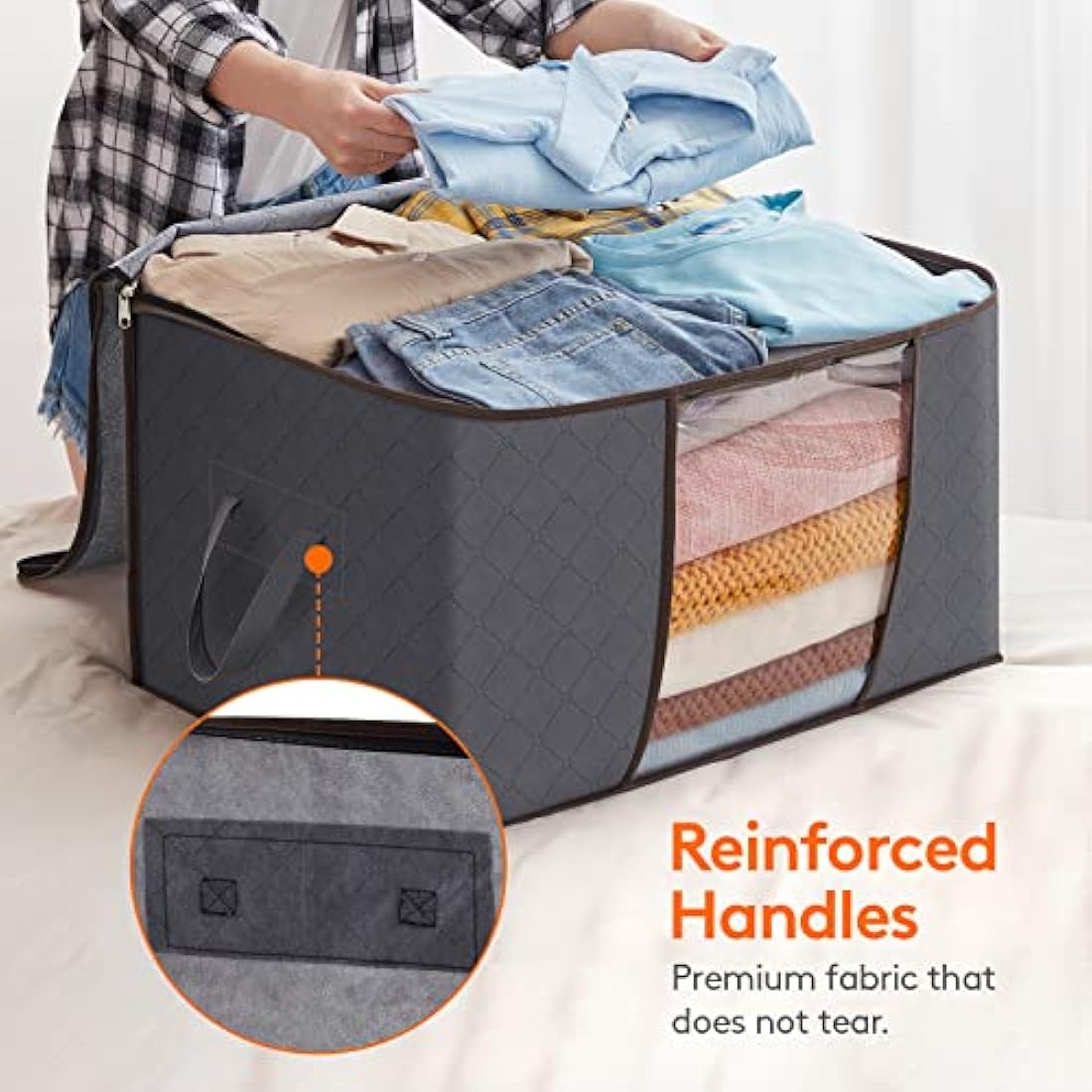 Lifewit Large Capacity Clothes Storage Bag Organizer with Reinforced Handle Thick Fabric for Comforters, Blankets, Bedding, Foldable with Sturdy Zipper, Clear Window (Grey, 10 Pack)
