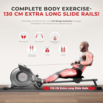 Sunny Health & Fitness Magnetic Rowing Machine with LCD Display for Home Exercise, Foldable and Compact Rowers with Transport Wheels, Full Body Workout Equipment For Home Gym, Optional Extra Long Rail