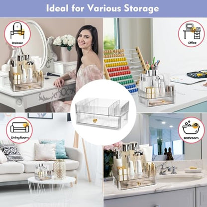 OKUYAN Clear 2-Tier Makeup Organiser Tray - Desk and Dressing Table Organizer for Skincare and Cosmetics - Acrylic Storage Box With Drawers for Vanity and Bathroom