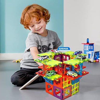 Magnetic Tiles Building Block with 10 Metal Cars for Kids Construction STEM Toy Preschool Creativity Learning Toys Christmas Birthday Gift for Girls Boys Toddlers 3 4 5 6 7 8 Years Old