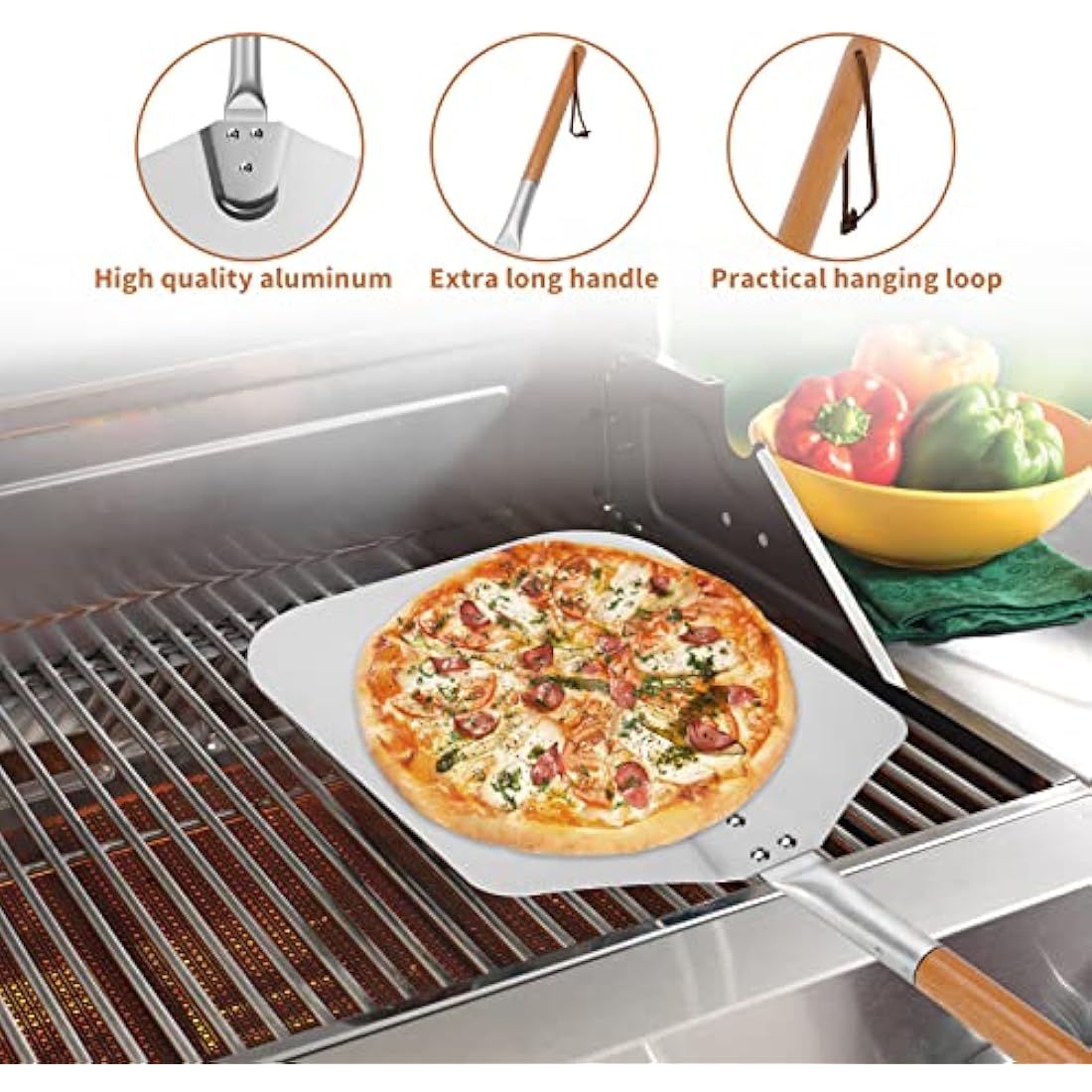 Mimiuo Pizza Stone and Peel Set, Square Pizza Stone for BBQ Oven and Grill, 12 x 14 inch Aluminum Pizza Peel Paddle with Long Wooden Handle, 28" Overall