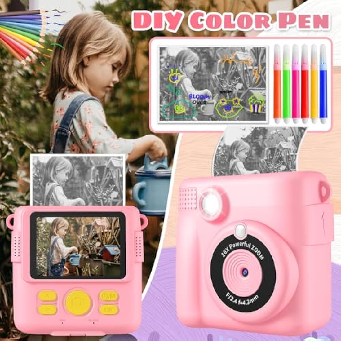 Kids Instant Print Camera, 1080P HD Digital Camera with 32G TF Card & Color Pen, Portable Toy Birthday Gift for 3-10 Year Old Girls