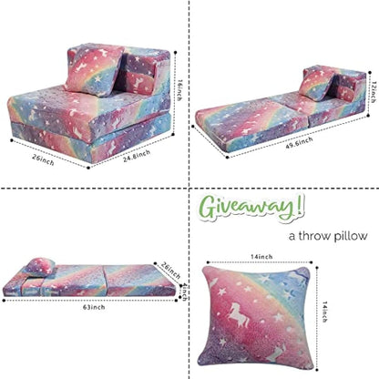 MeMoreCool Kids Sofa Bed, Toddler Floor Mattress Glow in The Dark, Baby Modular Unicorn Couch, Fold Up Children Sofa Convertible Futon Folding Mattress Chair Bed for Playroom