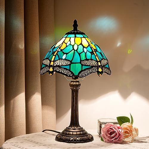 Blivuself Tiffany Style Stained Glass Table Lamp Dragonfly Green Yellow Bedroom Bedside Reading Desk Light for Office Dormitory Bar Restaurant Decorate Retro Unique Cute Small Night Light Gift 8 inch