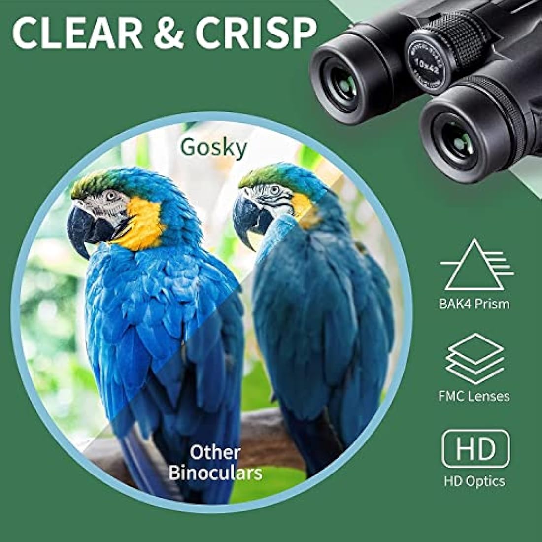 Gosky 10x42 Roof Prism Binoculars for Adults, HD Professional Binoculars for Bird,Travel Stargazing Hunting Concerts Sports-BAK4 Prism FMC Lens-with Phone Mount Strap Carrying Bag