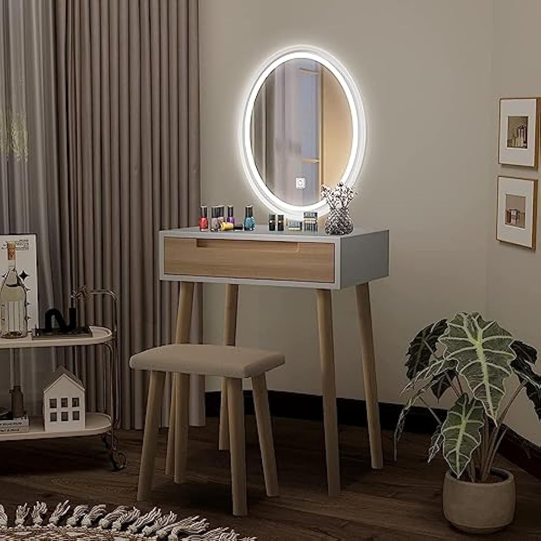 YOURLITE Makeup Vanity Dressing Table Mirror Cosmetic Vanity Dressing Cabinet with Stool Dresser with LED Mirror, Wood Color, 1 Drawer