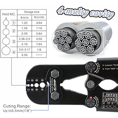 iCrimp Hand Swage Wire Rope Crimping Tool, Compatible with Aluminum Duplex Hourglass Sleeves and Copper Duplex Sleeves, Built-in Cable Cutter for 1.2mm to 3.5mm Wire Rope