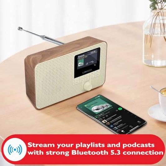 Internet Radio with DAB | Portable DAB+ Bluetooth Radio | Digital Radios Mains and Battery 12hr Play | FM,Podcast Player,Dual Alarm | 60 Presets,Headphone Jack, Colour Display | LEMEGA IR1 Walnut