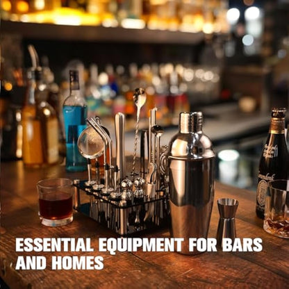 KINGROW Mixology Cocktail Shaker Set - Complete 29-Piece Bartender Kit and Bar Tools with Acrylic Rotating Stand, Professional Bar Set for Drink Mixing, Home, Bar, Party (Sliver)