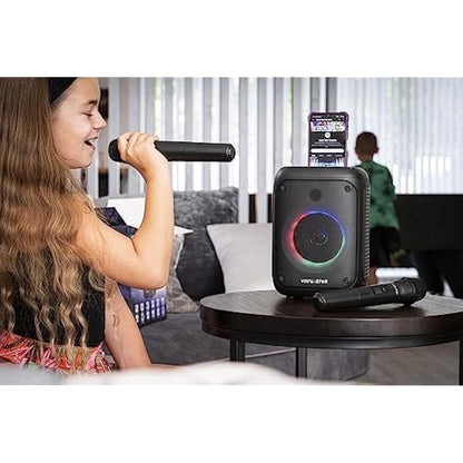 Vocal-Star VS-275 Karaoke Machine with 2 Wireless Microphones, Portable Bluetooth Speaker with phone holder, 80w Speaker, Light Effects, Records Singing, TWS, AUX, Rechargeable