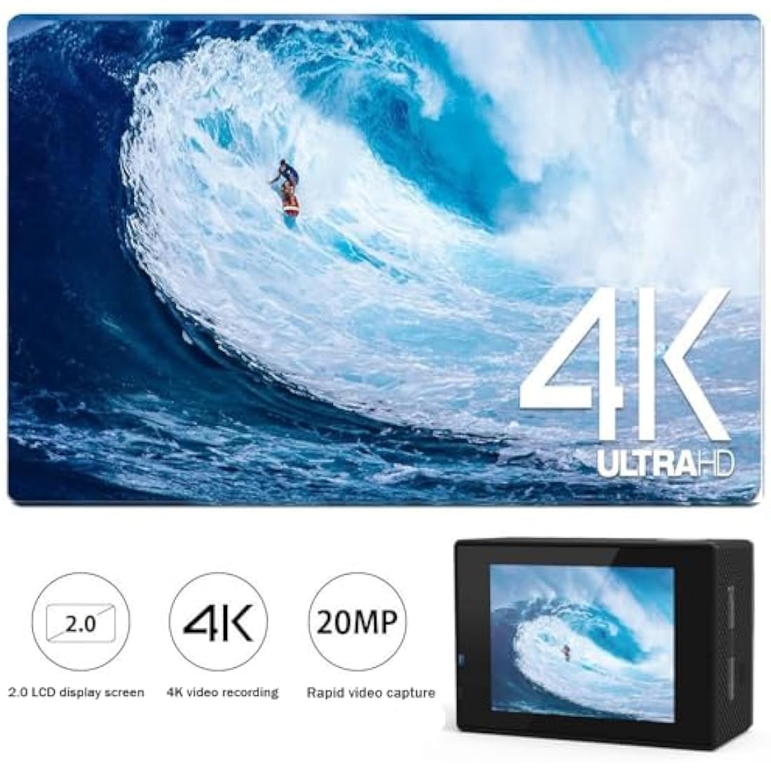 BSLVWG 4K Action Camera 20MP WiFi 30M Waterproof Sports Camera Underwater Camera for Vlog With Ultra HD 170°Wide-Angle 2.4G Remote Control Anti-Shake 2.0'' LCD Screen with Accessories Kit (Black)