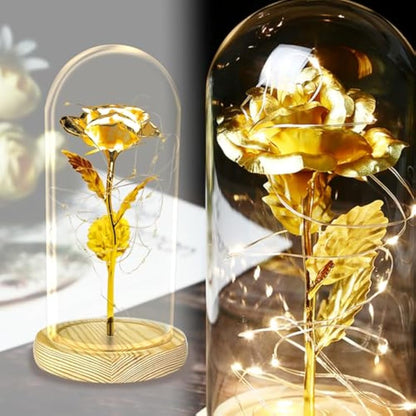 TINYOUTH 24K Golden Rose in Glass Dome, Gold Plated Light Up Flowers Batteries Included Rose Gifts for Women/Her/Mum Wedding Anniversary Valentines Birthday Xmas