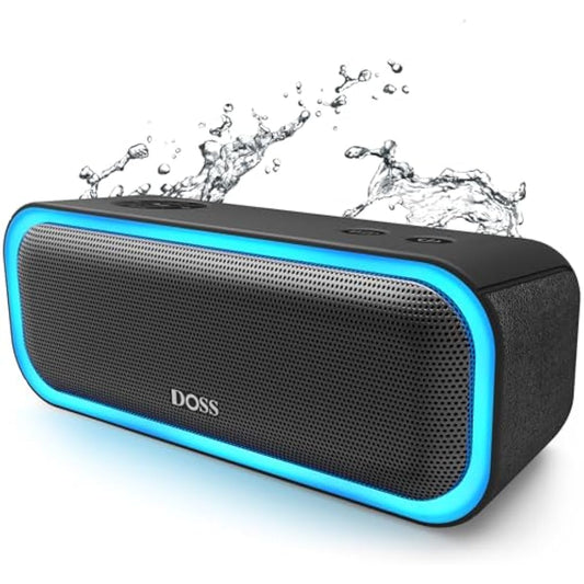 DOSS SoundBox Pro Bluetooth Speaker with 20W Stereo Sound, Active Extra Bass, 20H Playtime, IPX6 Waterproof, TWS Pairing, Multi-Colors Lights, Portable for Hiking, Camping, Beach, Outdoor, Party-Black