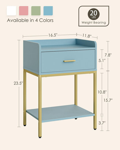 HEYZOEY Bedside Table, 3-tier Modern Bedside Table with Storage Drawer and Shelf, Small Side Table for Bedroom, Living Room, Blue