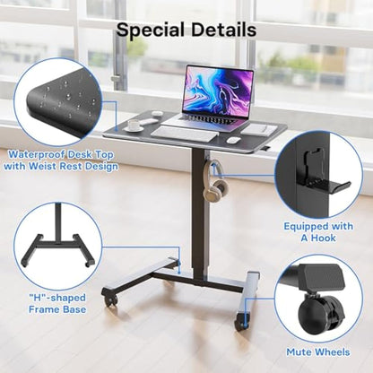 BONTEC 65×45 cm Mobile Standing Desk with 4 Rolling Castors, Height Adjustable Desk on Wheels, Portable Stand Up Desk, Over-Bed Table for Living Room, Bedroom, Medical Use, Ergonomic, Space Saving