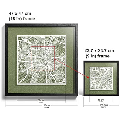 O3 DESIGN STUDIO Munich Marco de Papel para mapas, White map, Black frame, 9x9 inches, Gift Boxed, 4 background color, self-changing, Paper Art
