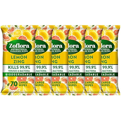 Zoflora Lemon Zing Large Biodegradeable Wipes, Antibacterial Cleaning, 6 x 70 Wipes Pack, Multi-Surface Disinfectant, Removes Odours & Kills 99.9% of Bacteria & Viruses