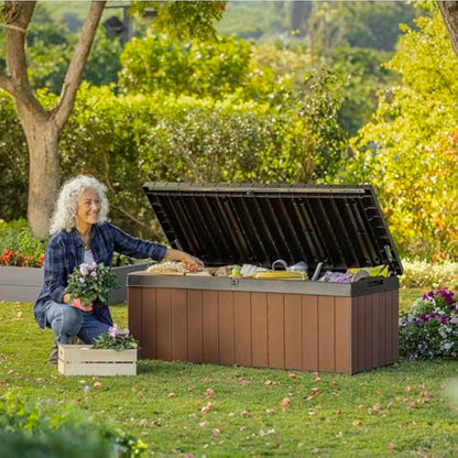 Keter Darwin 380L Outdoor Garden Furniture Storage Box Brown Evotech+ Wood Look and Feel | Fade Free | All Weather Resistant | Safe and Secure | Zero Maintenance | 2 year Warranty