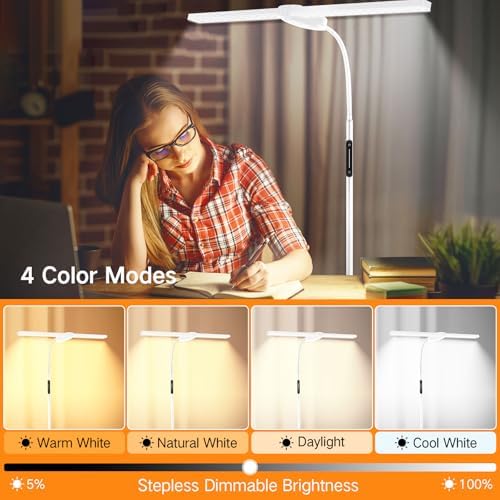 OUTON LED Floor Lamp with Double Head, 18W 1800LM, Super Wide & Bright, Height Adjustable, Remote & Touch Control, Memory Function, Dimmable Standing Lamp for Reading, Working, Sewing, Drawing, White