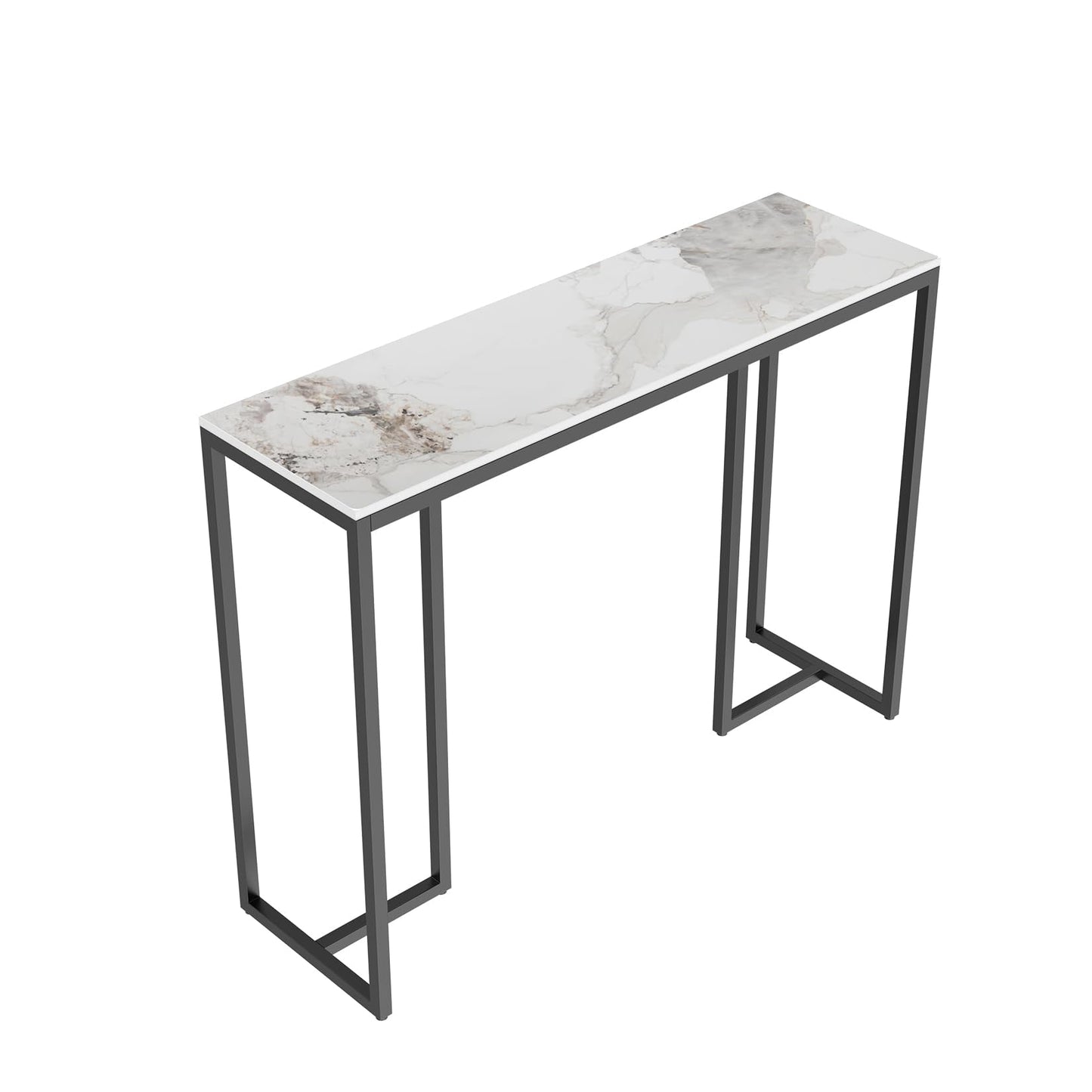 Console Table Hallway Sintered Stone: Consoles Desk 100x30x78.5 cm High Gloss Cold Jadeite White Marble Texture with Black Legs Narrow Tall Modern