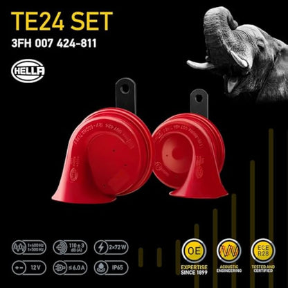 HELLA Trumpet Horn - STYLE HORN TE24 SET - 12V - 110dB(A) - Frequency range from: 400Hz - Frequency range to: 500Hz - Low Tone/High Tone - Electric - Flat Plug-in Connector - 3FH 007 424-811