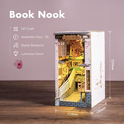 ROBOTIME Wooden Book Nook Dollhouse Kit,DIY Wall Hanging Miniature Room, Puzzle House Model Building Kits with LED Lights, Home, Bookshelf Decor (Sakura Densya)