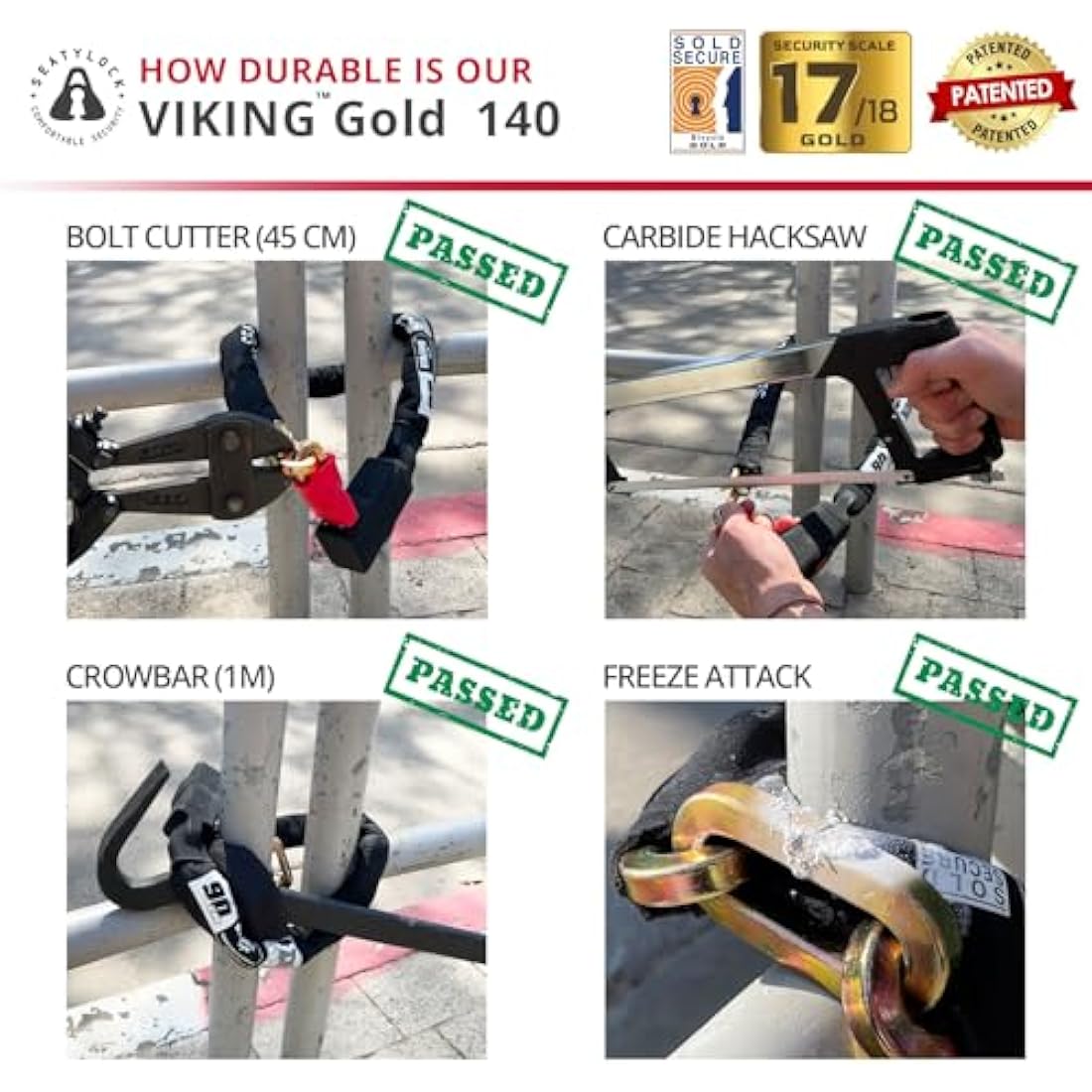 Seatylock Viking Bike Chain Lock with Key - Magnetic Patented Sold Secure Silver Rated - Heavy Duty Anti Theft - Smart Ultra Security Bicycle Lock (140 CM - 55.1")