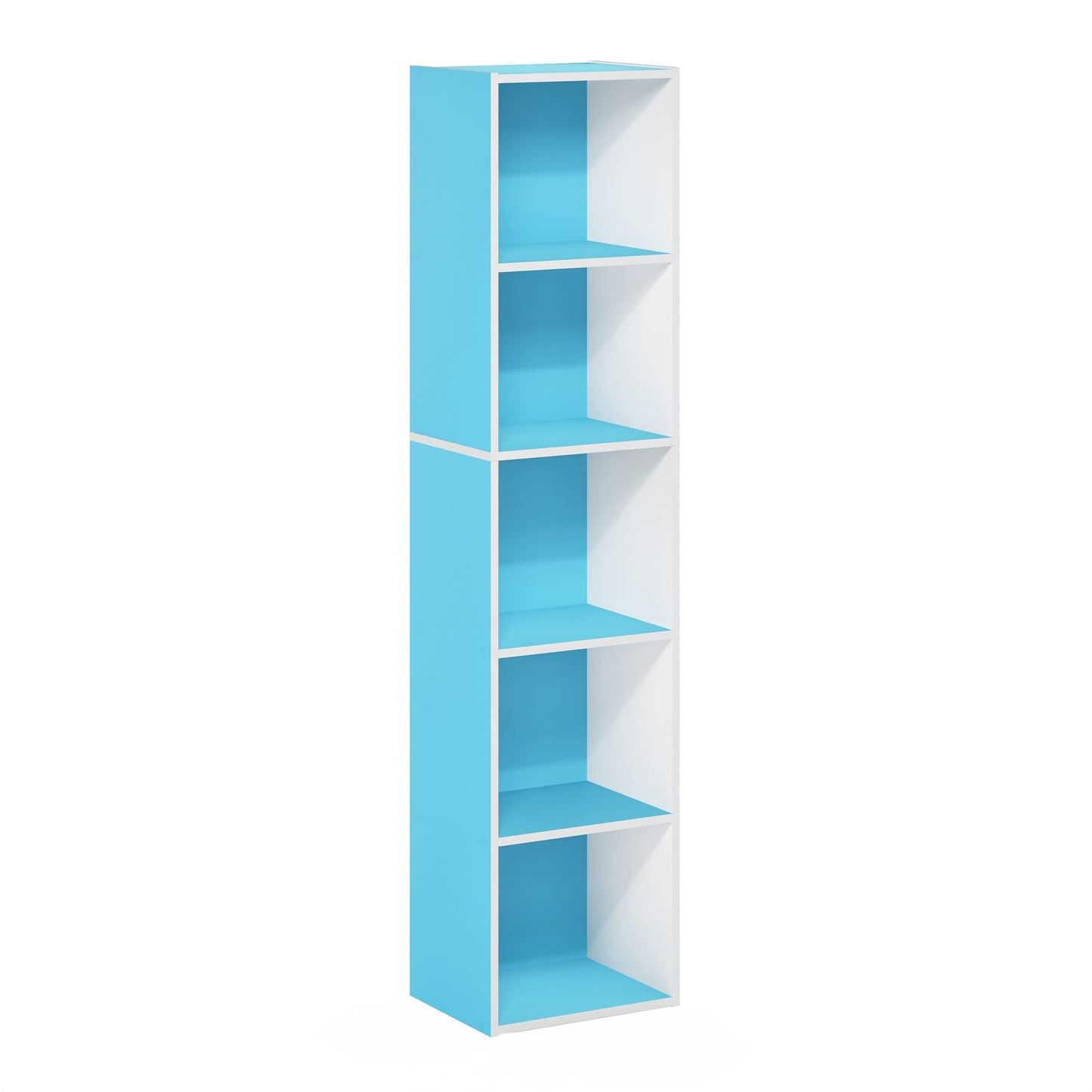 Furinno PASIR Book Shelf, 5-Tier Modern Bookshelf, Open Shelves Bookcase 9 x 12 x 52, for Living Room, Bedroom, Home Office, Light Blue/White