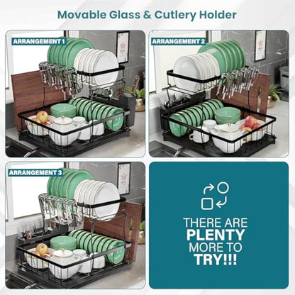 PRIME FEEL 2 Tier Dish Drainer Rack, Rustproof Dish Drying Rack for Kitchen Countertop, Draining Board Rack with Drip Tray, Cutlery Drainer, Glass Holder & Chopping Board Rack, (Black)