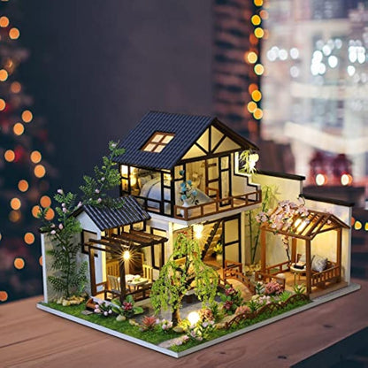 Cuteefun Miniature DIY Dolls House Kit, Wooden Doll house Kit with Furniture and Music Box, Handmade Crafts for Adults, 1:24 for Birthday, Valentine's Day Father's Day(Oriental Villa)