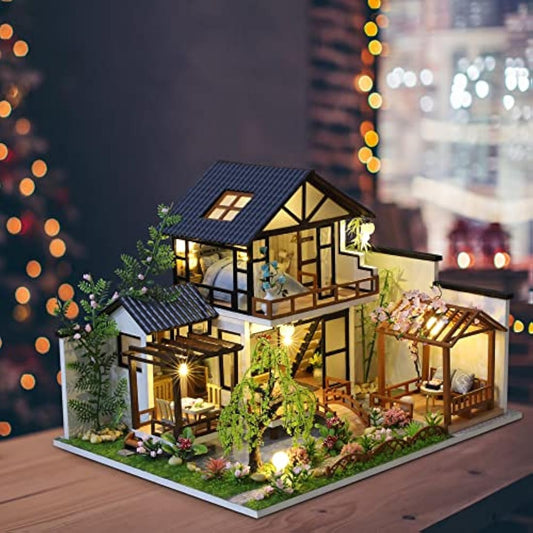 Cuteefun Miniature DIY Dolls House Kit, Wooden Doll house Kit with Furniture and Music Box, Handmade Crafts for Adults, 1:24 for Birthday, Valentine's Day Father's Day(Oriental Villa)