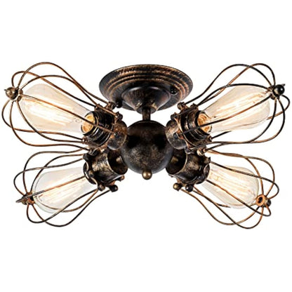 LULING Vintage Ceiling Light Industrial, Chandeliers E27 Socket Metal Wire Cage Lamp Semi-Flush Mount Rustic Ceiling Light Metal Lamp Fixtures (No Bulb) (with 4 Light) (Bronze)