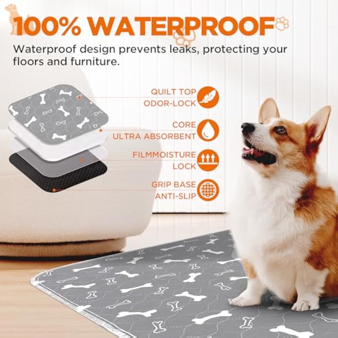 Baodan Puppy Pads Washable, 2 Pack Reusable Puppy Training Pads, Super Absorbent Waterproof Dog Mat Pee Pads for Dogs, Fast Drying Training Pads for Home, Car, Travel - 120x90 cm