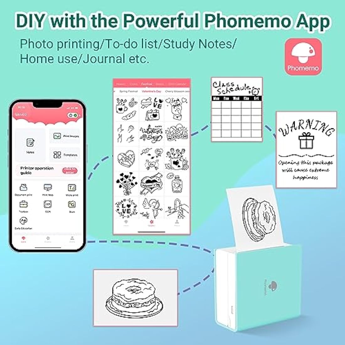 Phomemo Green M02 Mini Printer with 3 Label Rolls, Pocket Printer for iOS and Android Smartphone, Bluetooth Sticker, Printer, Thermal Printer