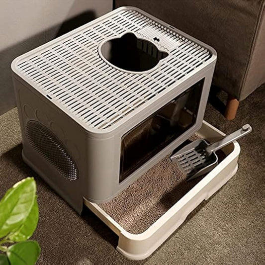 BingoPaw Cat Litter Tray Box: Foldable Large Top Entry Anti-Splashing Kitten Litter Box with Lid - Enclosed Hooded Kitty Potty - Drawer Type Cats Toilet Easy Cleaning with Scoop Grey
