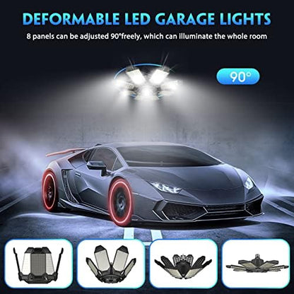 DEEIRAO LED Garage Ceiling Light, 260W 26000LM 6500K Deformable with 8+1 Adjustable Panels Commercia Bay Lamp for E26/E27 Screw Socket,Basement,Barn,Workshop,Attic (2 Packs)