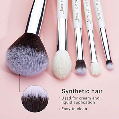 Jessup Brand 25pcs Professional Makeup Brush Set Beauty Cosmetic Foundation Powder Blush Blending Eyeshadow Concealer Highlighter Natural-Synthetic Hair Brushes (Peal White/Silver) T235