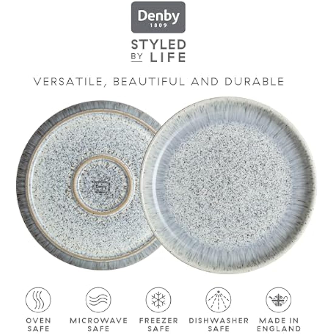 Denby - Halo Speckle Dinner Plates Set of 4 - Grey, Neutral Patterned Coupe Dishwasher Microwave Safe Crockery 26cm - Glazed Ceramic Stoneware Tableware - Chip & Crack Resistant
