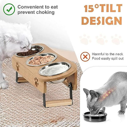 GHIAKQYT Raised Feeding Bowls - Cat Feeding Station 3 Bowls Raised Cat Bowl Height Adjustable Feeding Bowl Feeding Bar with Stand Stainless Steel Bowls for Water Food - Feeding Bowl for Cats (Bamboo