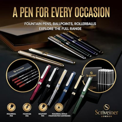 Scriveiner Luxury Fountain Pen - Stunning Gold Pen, Real Gold Plating, Schmidt Gilded Nib (Medium), Converter, Best Pen Gift Set for Men & Women, Professional, Executive, Office, Nice Pens