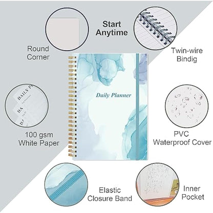 Daily Planner Undated - A5 To Do List Notebook Hourly Schedules, Spiral Appointment Planner for Women and Men, PVC Hardcover, Inner Pocket, Elastic Closure, 5.8" x 8.5", Blue Watercolor