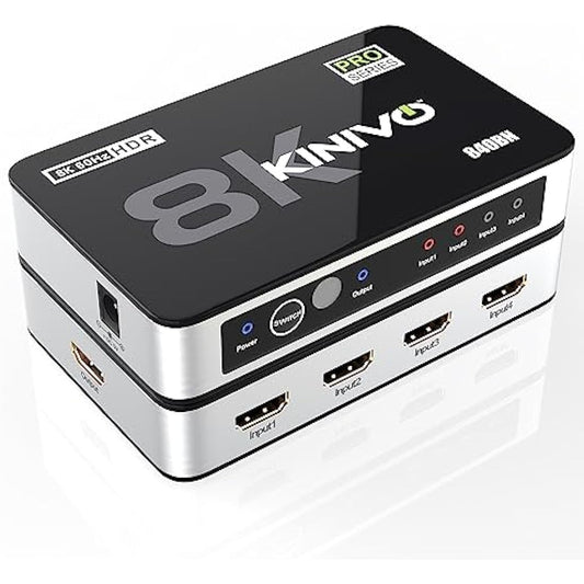 Kinivo 8K HDMI Switch with Remote 4 in 1 Out (4 Port, 8K 60Hz, 4K 120Hz, 48Gbps, HDR 10+, Dolby Atmos, HDCP 2.3) - HDMI 2.1 Switch Box Compatible with HDTV, PS5, PS4, Xbox