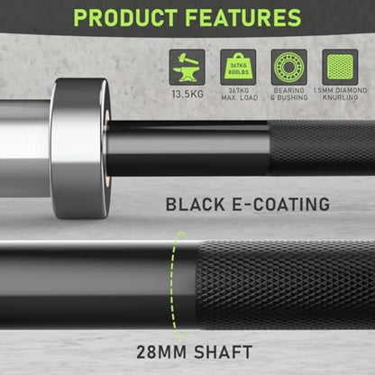 PhysKcal 4ft, 5ft, 6ft Barbell, Olympic EZ Curl Bar with Smooth Bushing & Bearing for 2'' Weight Plates, International Barbells for Press, Squat, Deadlift and Multiple Purposes